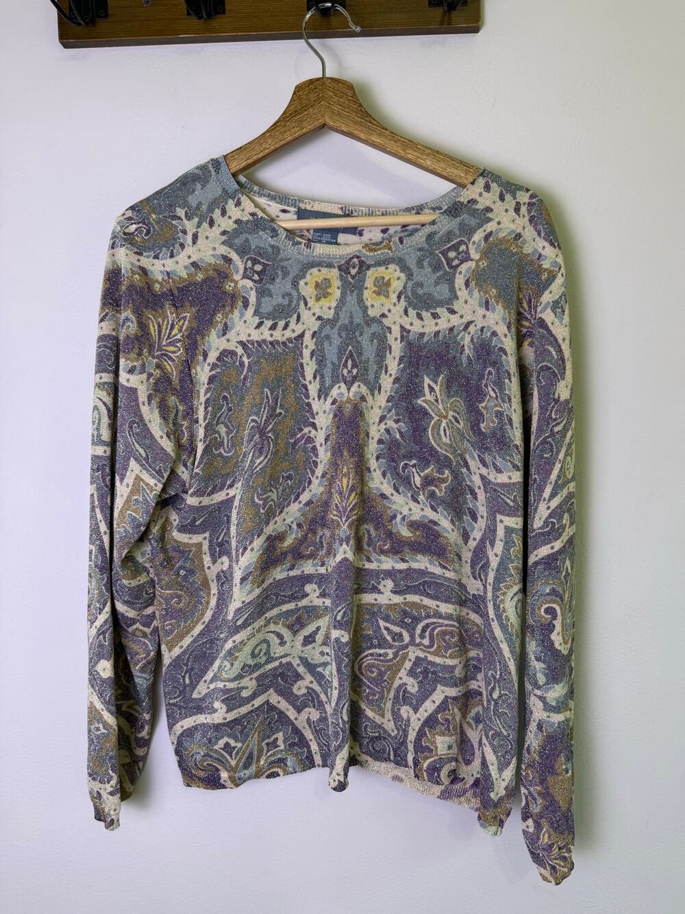 Y2K Koret Woman 1X Silk Blend Metallic Paisley Knit Top Purple Blue Boho